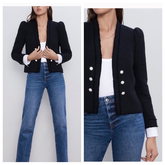 Zara Jackets & Blazers - NWT! ZARA CROP JACKET TWEED POPLIN BLACK